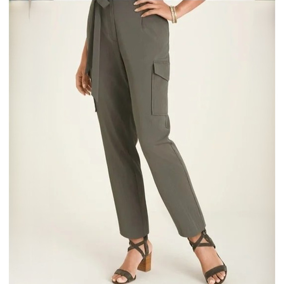 Chicos Casual Soft Utility Ankle Pants Women 4 Olive Green Belted Elastic Waist - Picture 1 of 9